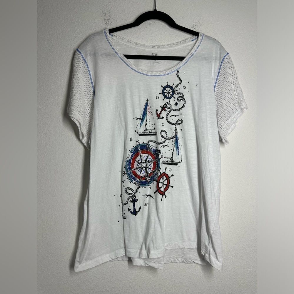 Palm Grove Nautical Tee Size 3X Rhinestones & Studs Short Mesh Sleeves Cotton